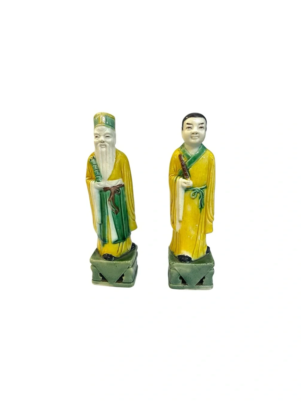 Vintage Chinese Mudmen Figurines Pair Shiwan Sancai Glaze Scholar Wise Man 6.5”